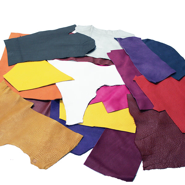 2 KG PACKAGE. OF COW LEATHER SCRAPS IN VARIOUS COLORS